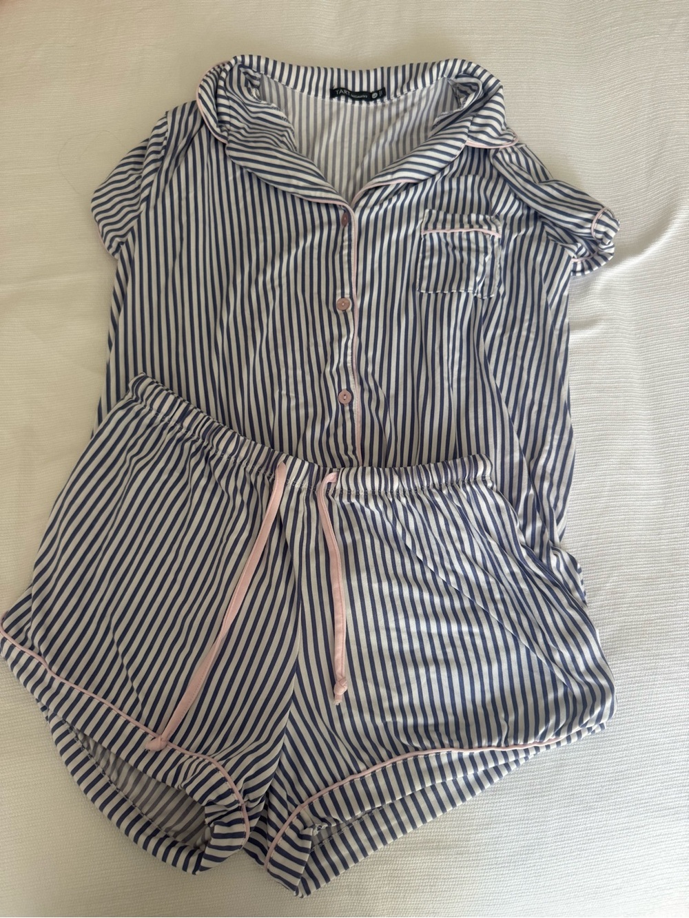 Striped Short Sleeve Pajama Set with Pink Trim - Navy/White